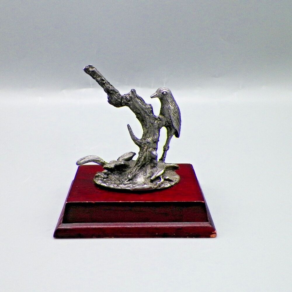 Vintage Pewter Bird Perched on Branch Figurine Wood Base Nature Scene